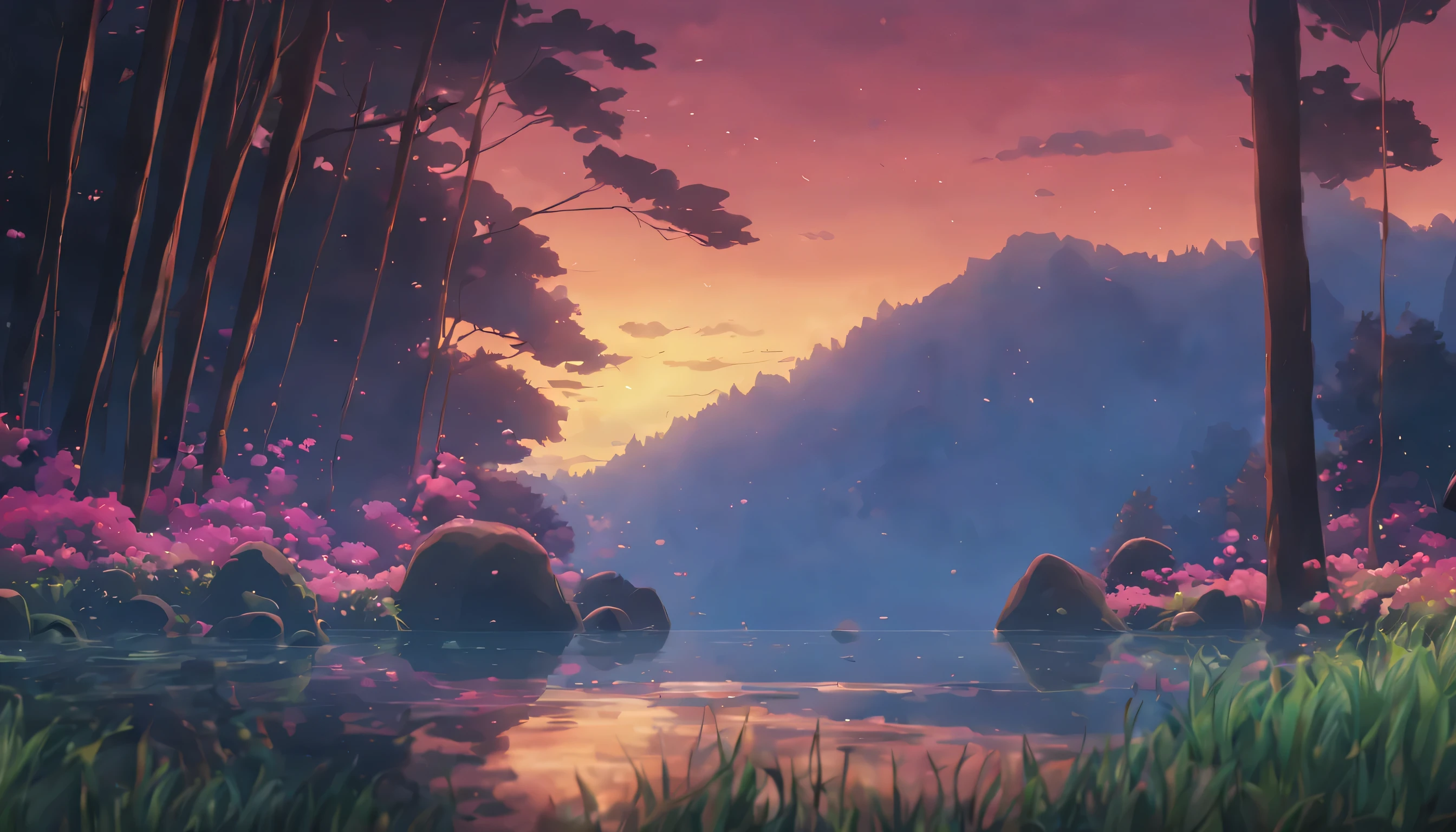 landscape, animataed, high detail, Minimalism, anime, Ghibli-like colours, anime style, motion blur, cinematic lighting, blending, chromatic aberration, depth of field, masterpiece, UHD, anatomically correct, super detail, high details, award winning