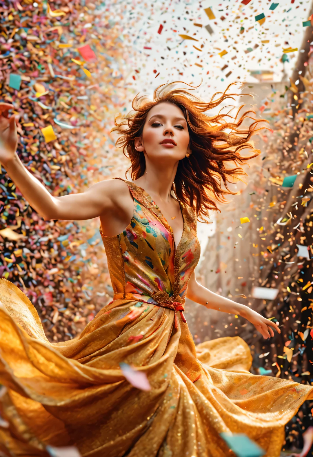 (Golden dragon flying on huge confetti），Confetti flying like the wind，Alyssa Lazer (Aliza Razell) style, beautiful details, beautiful details，Long range shooting，whole body，elevation angle，The art of paper，