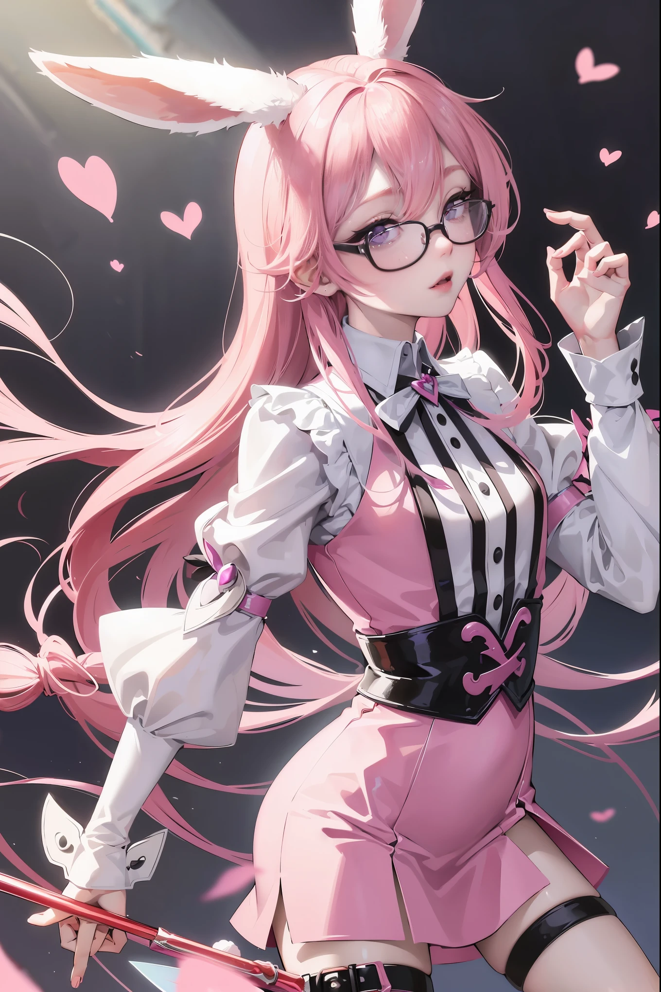 a boy with bunny ears, long pink hair and purple eyes wearing glasses and cute dress clothing, fantasy, anime style, perfect lips, symmetrical face, pale skin