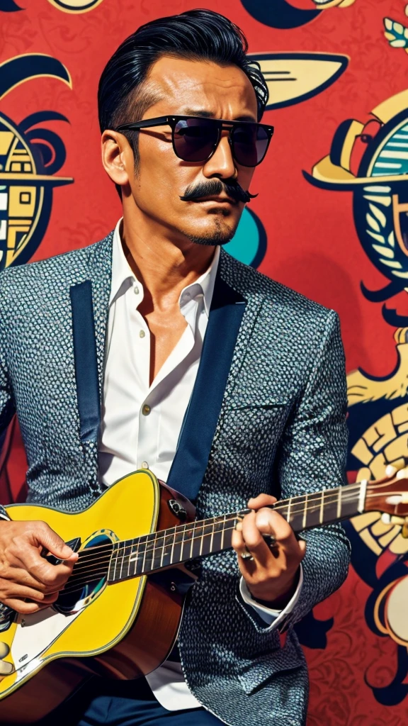 50 years old，Hidetoshi Nakata ，（Kogoro Mouri 1.3), tong, mustache，little beard, ray ban sunglasses, playing guitar, nice colourful pattern background, super detail, photography picture, wallpaper picture quality, masterpiece, high resolution, 4k hd, 8k hd, 16k hd