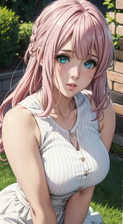 very cute girl,big sized breast ,half naked ,ultra realistic eyes, sleeveless white night dress,garden outside, pink colour hair...