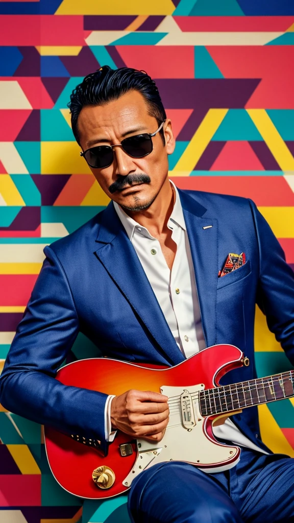 50 years old，Hidetoshi Nakata ，（Kogoro Mouri 1.3), tong, mustache，little beard, ray ban sunglasses, playing guitar, nice colourful pattern background, super detail, photography picture, wallpaper picture quality, masterpiece, high resolution, 4k hd, 8k hd, 16k hd