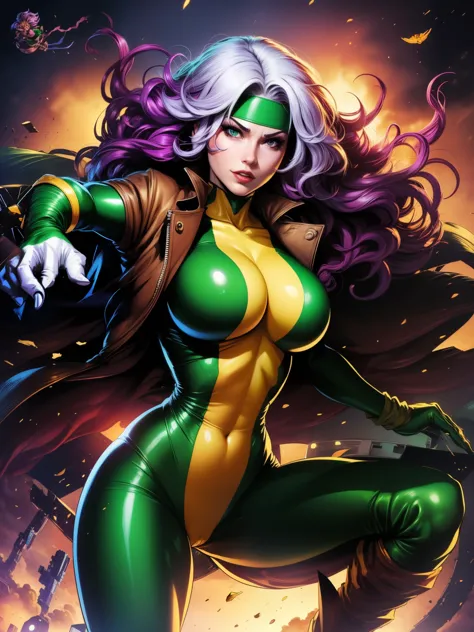 (((COMIC STYLE, CARTOON ART))). A comic-style image of Rogue, with her as the central figure. She has long, straight purple hair, purple eyes, and red lips. Wearing a traditional Green anda yellow costume. (((Slim Hot body, sexy, sensual, camel toes ))), (...