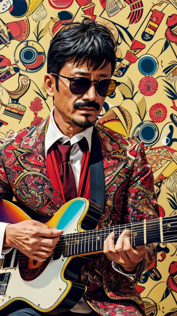 50 years old，Hidetoshi Nakata ，（Kogoro Mouri 1.3), tong, mustache，little beard, ray ban sunglasses, playing guitar, nice colourful pattern background, super detail, photography picture, wallpaper picture quality, masterpiece, high resolution, 4k hd, 8k hd, 16k hd