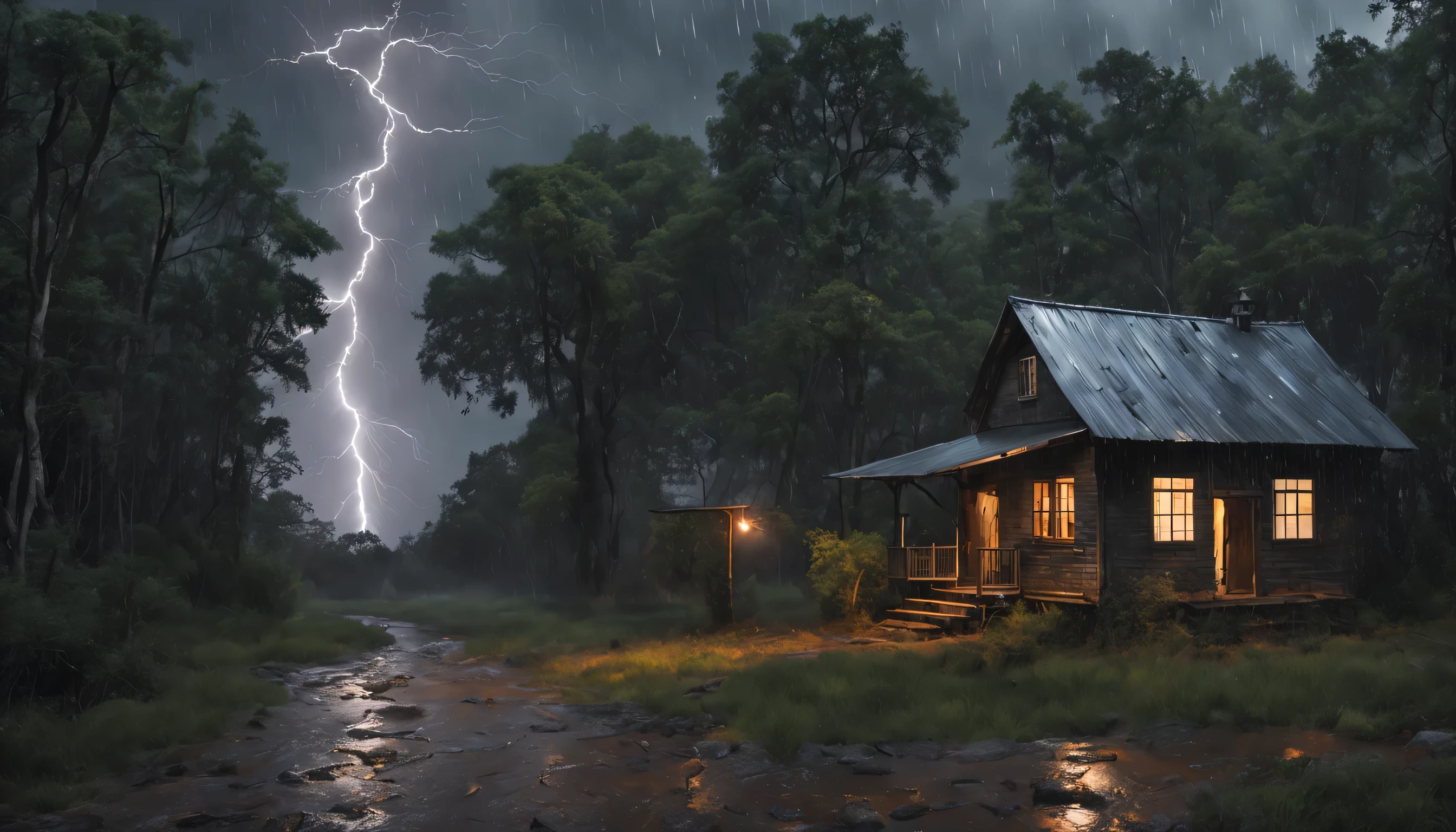 heavy rain in the middle of the forest, you can see rainwater falling and lightning, there is a house with an old style tin roof, at night