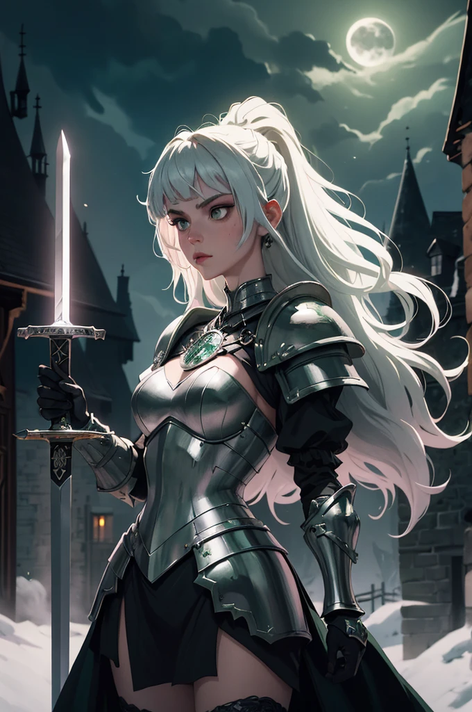 ((best quality, masterpiece)),
1girl, power pose, black  and green necromancer plunging  armor, white messy hair, sword,  outdoor, night, moonlight, smokes on background, ((full moon ):0.5), medieval, fantasy, castle on background, 