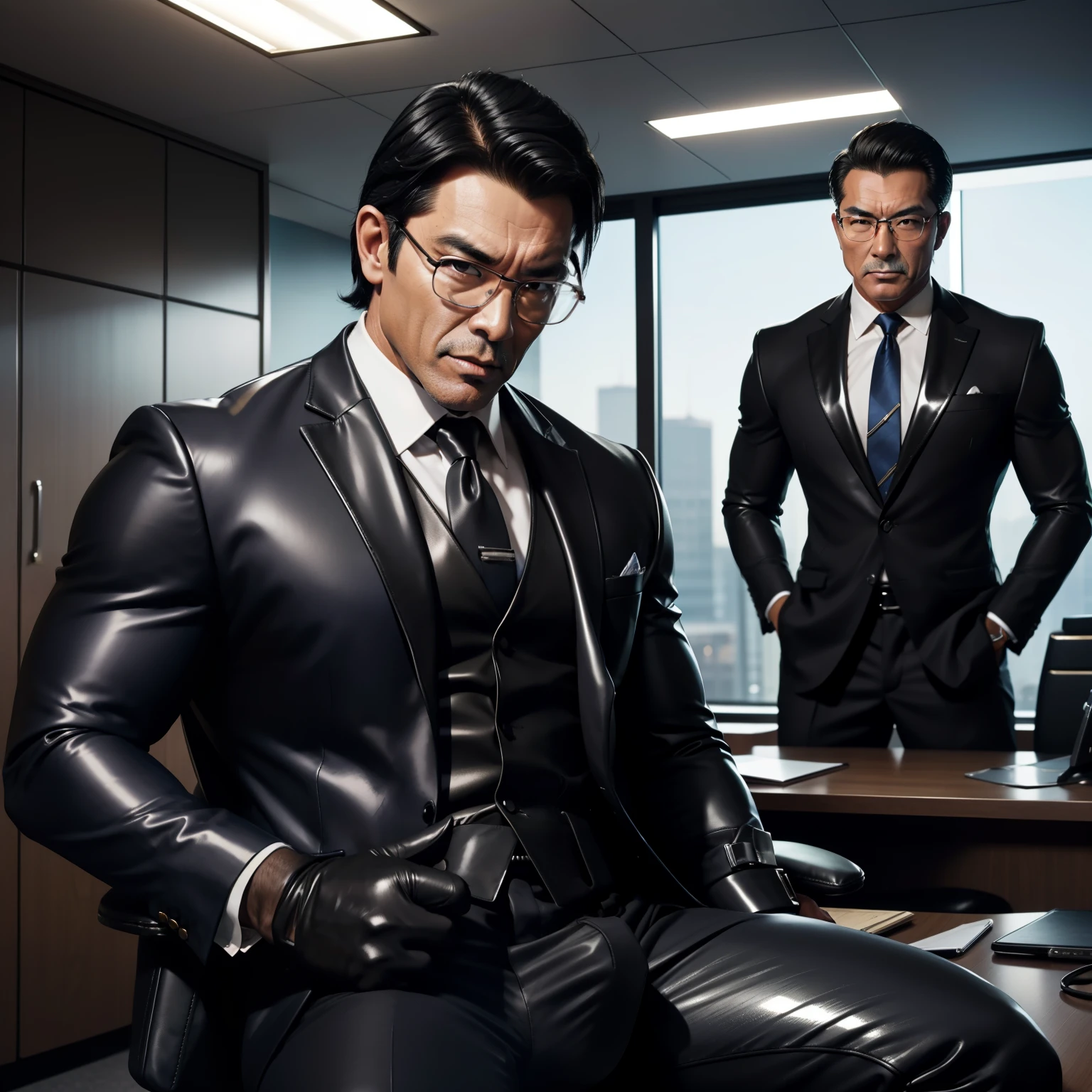 Two men in suits and ties sitting at a desk in an office - SeaArt AI