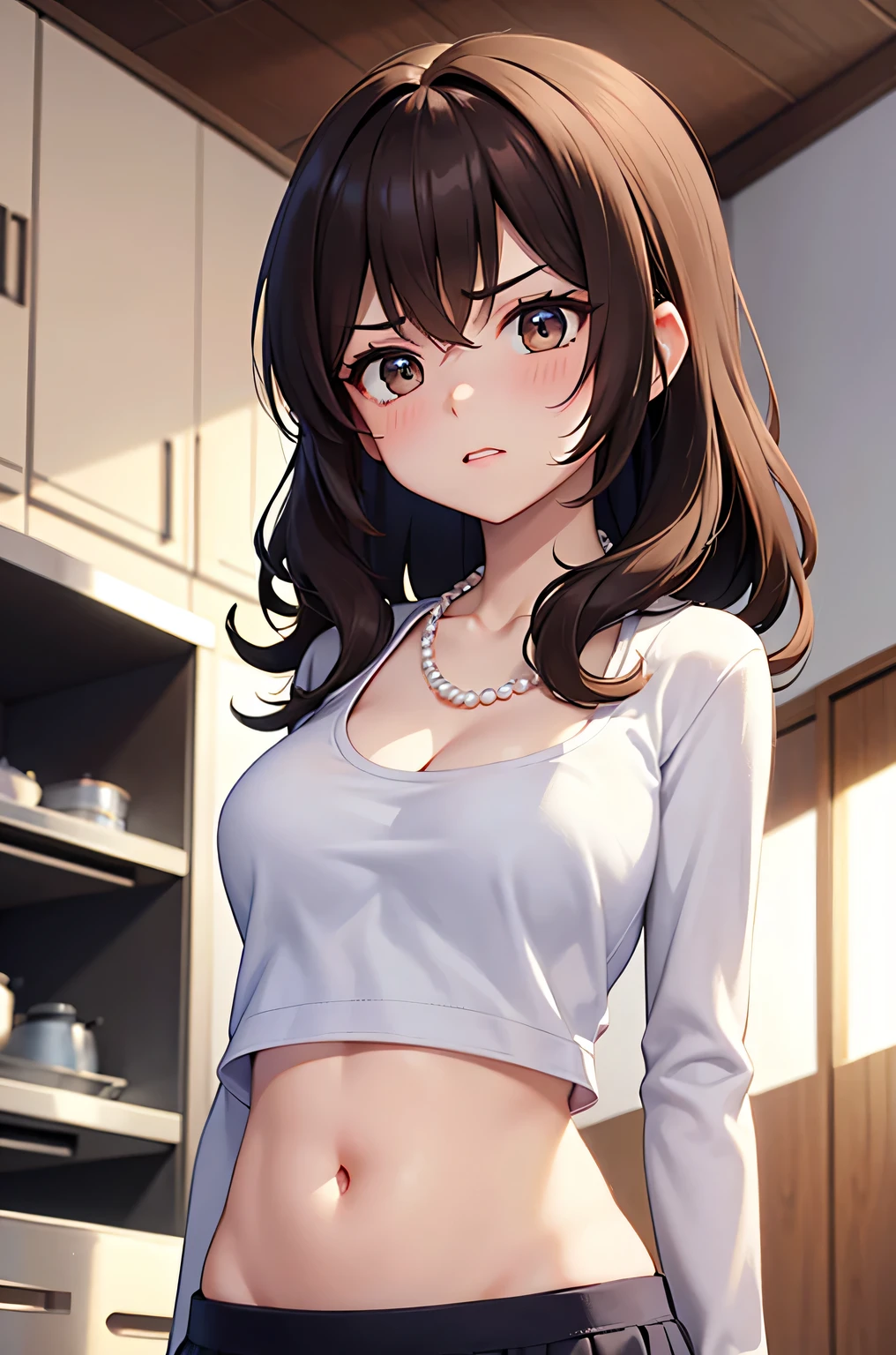 Anime girl with long hair and a white shirt standing in a kitchen - SeaArt  AI