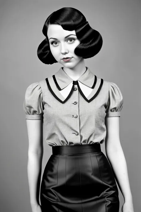 portrait of  a girl, a retro haircut, double tails, dressed in a 1930s-inspired dress, pencil skirt