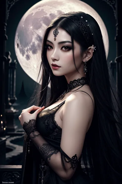 oriental gothic girl,detailed eyes and lips,dark mysterious atmosphere,vibrant colors,romantic moonlit background,flowing black ...