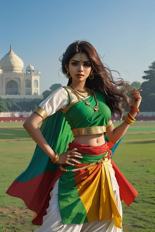 Create a vibrant and dynamic animation image capturing the essence of Republic Day celebration in India. The backdrop features the iconic tricolor Indian flag, while a spirited Rajputni girl, adorned in traditional attire, stands confidently with a sword in hand, exuding attitude and pride. The character should be animated, showcasing a full-body view with lively expressions. The Indian flag should be placed in the distance, symbolizing the patriotic celebration. Incorporate elements that evoke the spirit of Republic Day, such as confetti, fireworks, or other festive details, to enhance the overall festive atmosphere of the scene."

