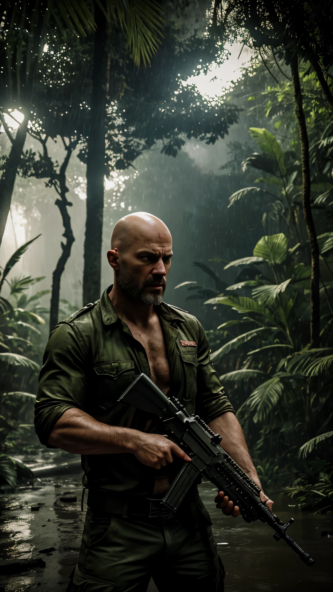 Create a 16K Render of bald Max Payne firing a m4 assault rifle at enemies in Max Payne 3. Set in the jungle in Sao Paolo. Photorealistic, extremely detailed add rain and reflections and blood stains. Make it dramatic and epic. Add wild trees and wildlife to the image. DSLR Effect. Kodak Film filter. Noise and film grain. 