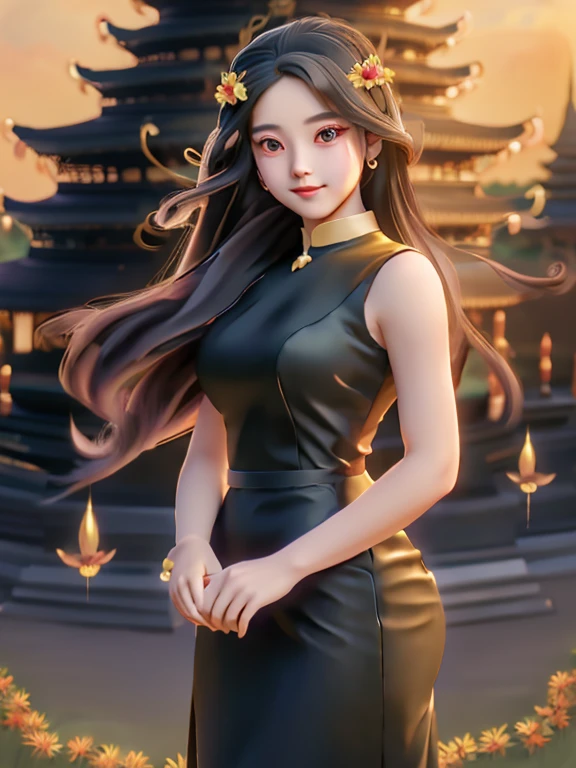  masterpiece, best quality, girl, solo, ((mature female)),, long hair, hair, princess, black dress(dress) (golden dress) fantasy, happy, looking at viewer, cartoon, anime, (oil painting)Burmese girl, 18 years old, Bagan pagoda view background, clear Hd 8k