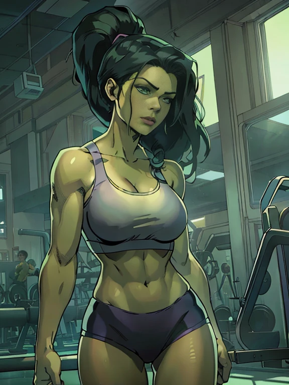 (masterpiece, top quality, best quality, official art, beautiful and aesthetic:1.2), (1girl:1.3), (gorgeous face), she-hulk, light freckles, fair green skin, black hair, extremely detailed, portrait, looking at viewer, solo, (full body:0.6), detailed background, close up, (airy modern theme:1.1), extremely busty gym girl 34dd, ponytail, big lips, arched back, flexing, charlatan, smirk, mysterious, standing in the gym, sports bra, leggings, headphones, wet, workout gear, weight machines, windows, modern gym, well-lit, thin and toned physique, ((((gigantic breasts, cleavage, skindentation)))), slim waist, slim hips, long legs, modern (gym interior:1.1) background, dark mysterious lighting, shadows, magical atmosphere, dutch angle,