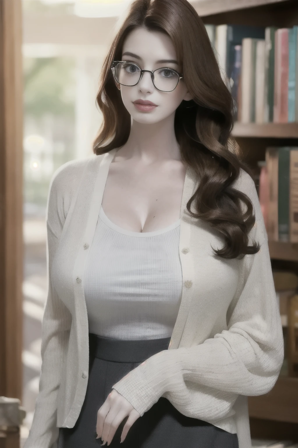 A woman in glasses and a white shirt standing in front of a book shelf -  SeaArt AI