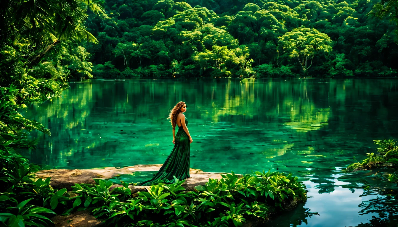 Uma linda Garota (Jennifer Lopez), (22 anos), com um vestido Verde com detalhes em preto, in the heart of the lush jungle, details in the sunlight that filtered through the dense canopy above. Beside the majestic tree, a large, serene lake reflected the vibrant foliage and blue sky above. The surface of the water rippled gently.