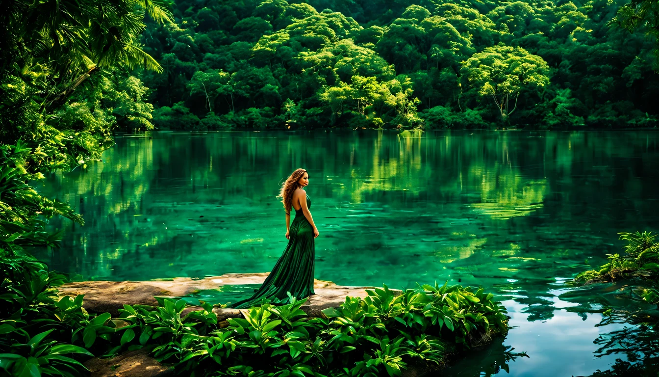 Uma linda Garota (Jennifer Lopez), (22 anos), com um vestido Verde com detalhes em preto, No coração da selva exuberante, detalhes da luz do sol que se filtrava pela densa copa acima. Ao lado da majestosa árvore, Um grande, o lago sereno refletia a folhagem vibrante e o céu azul acima. A superfície da água ondulou suavemente.