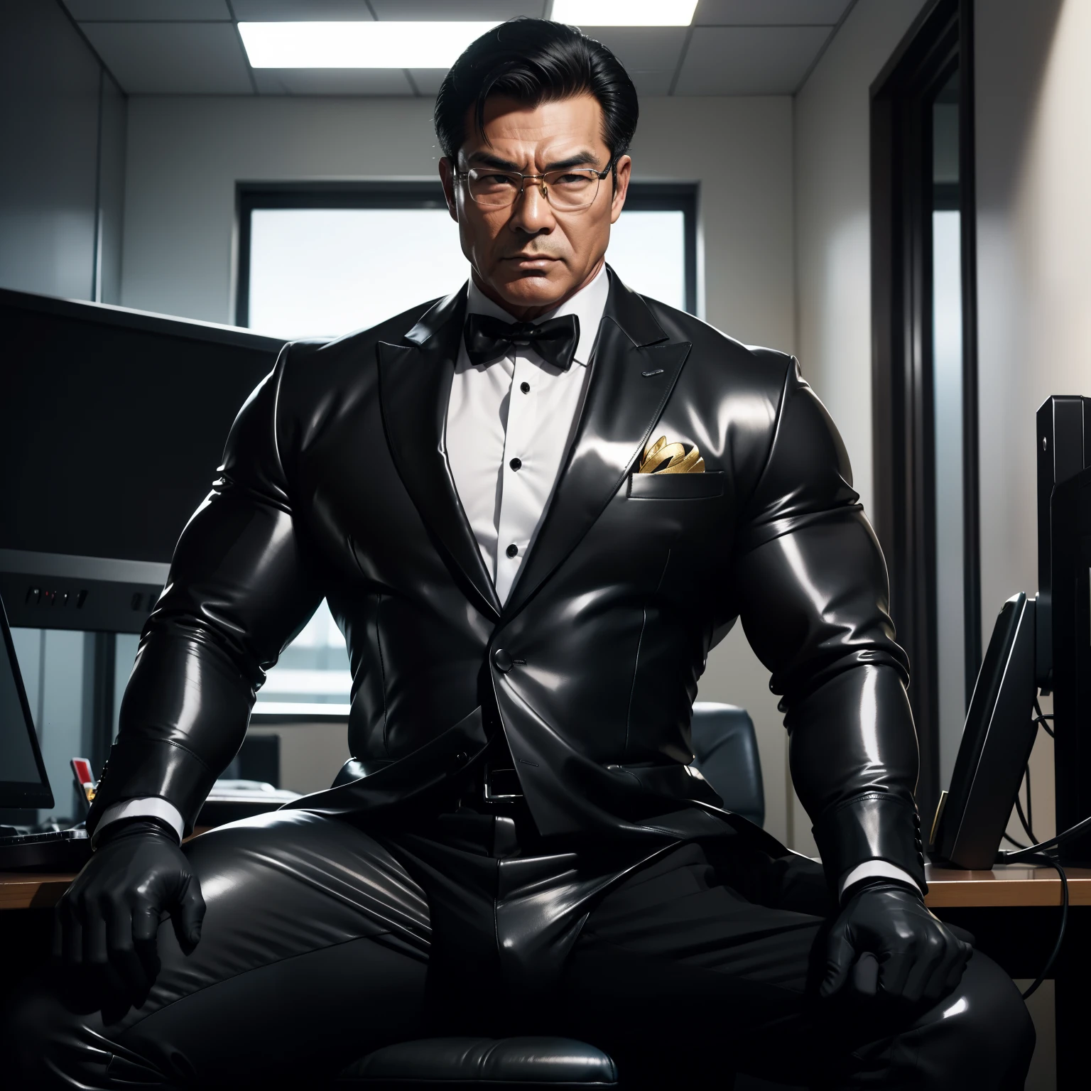 60 years old,daddy,shiny suit sit down,k hd,in the office - SeaArt AI