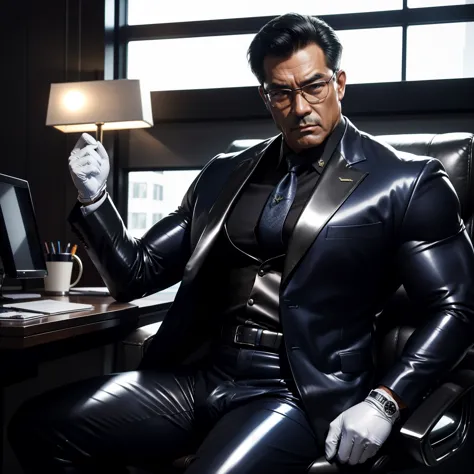 60 years old,daddy,shiny suit sit down,k hd,in the office,big muscle, gay ,black hair,asia face,masculine,strong man,the boss is...