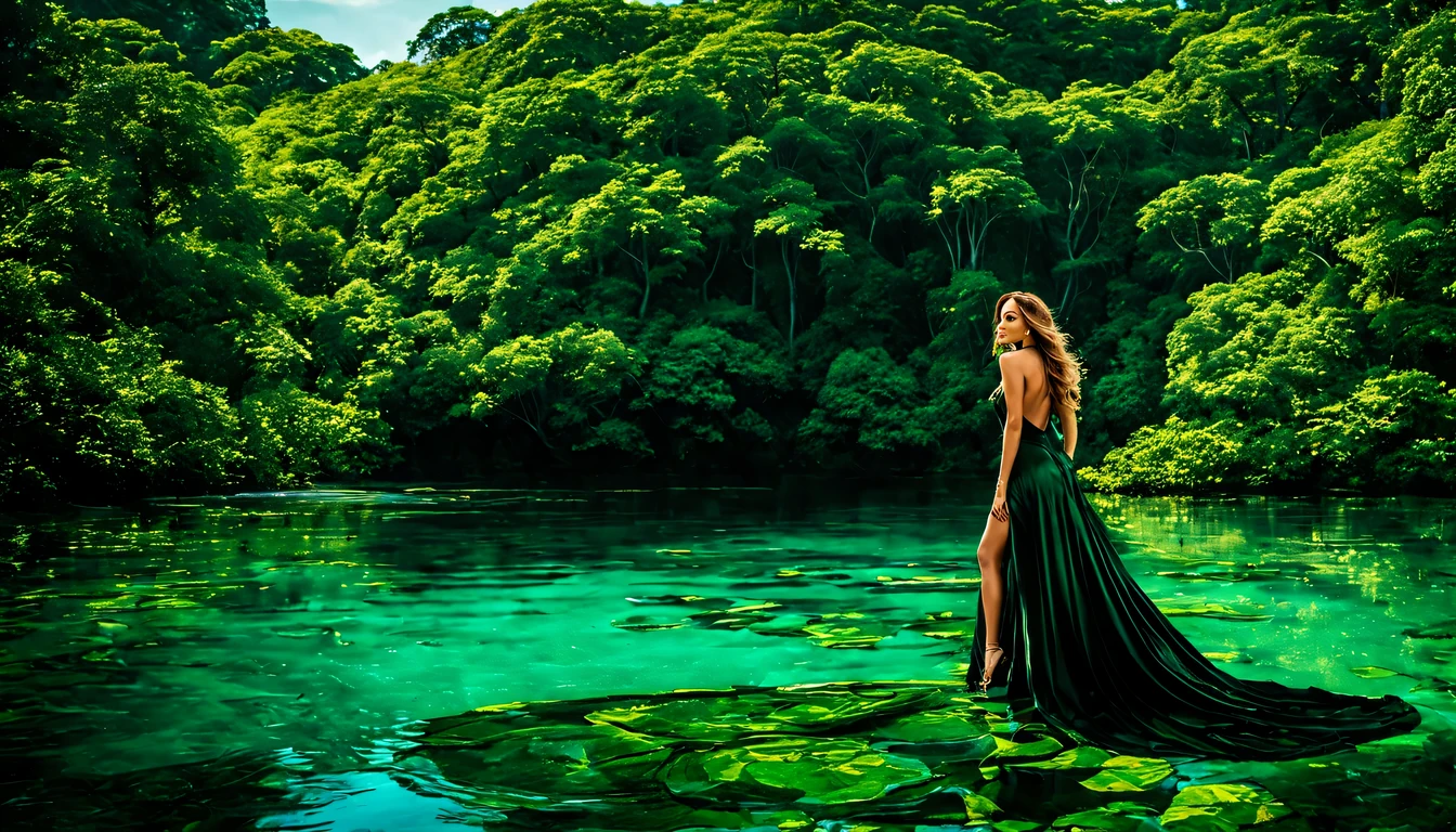 Uma linda Garota (Jennifer Lopez), (22 anos), com um vestido Verde com detalhes em preto, in the heart of the lush jungle, details in the sunlight that filtered through the dense canopy above. Beside the majestic tree, a large, serene lake reflected the vibrant foliage and blue sky above. The surface of the water rippled gently.