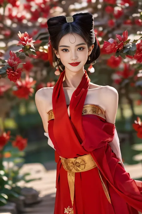 Masterpiece,best quality,1 girl, Bush, Smil, red dress, chinese clothes, bare shoulders, Pink Earrings, flower, magnificent pala...