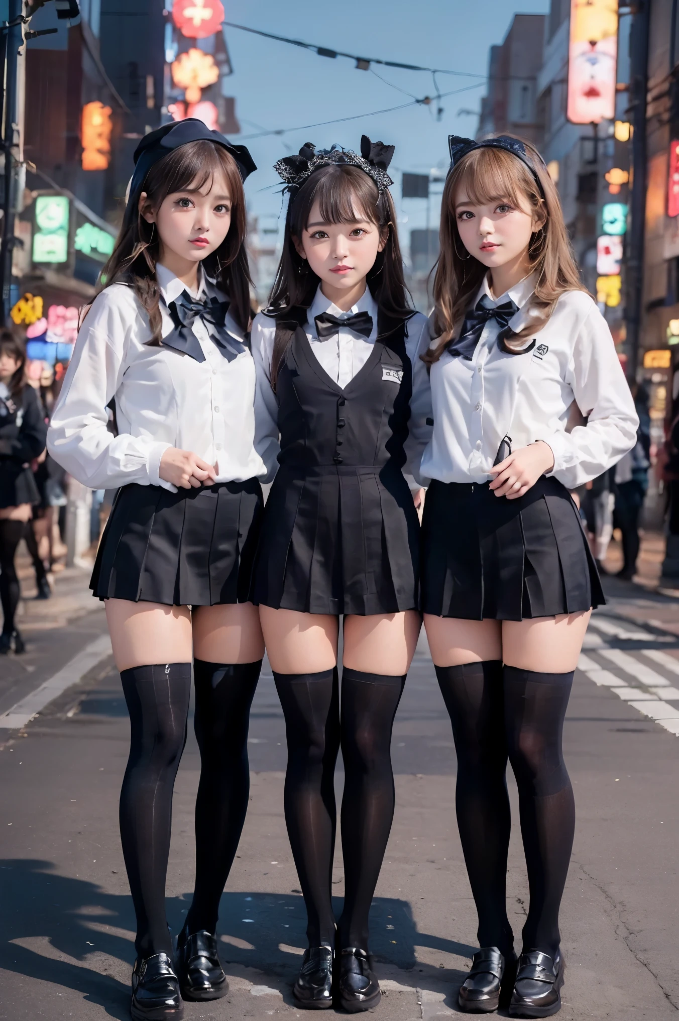 (I photographed the whole body)、street snap、A baby-faced girl wearing a short skirt and bow tie stands in a neon street at night..(expensive)There are three gals、(3 girls)、(gal)、amazingly cute 、Microsailor suit、Winter clothes、Japanese school black uniform、(big breasts、The shirt opens at the chest, expose a lot of cleavage.)、Girl in surreal female uniform、Wearing a dark blue uniform、 Pause、Full body Esbian、nice skin、glowing skin、nice thighs、(long legs)、(wide thighicro hining thighs、With garter、(opaque black knee high socks)、((By everyone)(I definitely wear black knee socks that go above the knee.))、I&#39;I am wearing high heels、Japanese high school 、Nogizaka Idol、korean idol、Invite you inside、Inviting eyes