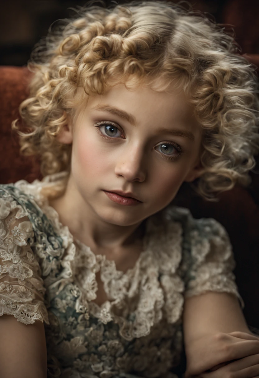 Extrememly realistic wean aged 5 with blonde unruly curly hair lying on  a couch with her hands on her chin  black mountain college, bloomsbury group, portraiture style of edwardian beauty, layered textures , elegantly formal (Rembrandt Lighting), zeiss lens, ultra realistic, (high detailed skin:1.2), 8k uhd, dslr, Dramatic Rim light, high quality, Fujifilm XT3 HDRI