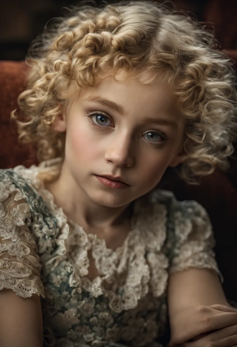 extrememly realistic wean aged 5 with blonde unruly curly hair lying on  a couch with her hands on her chin  black mountain coll...