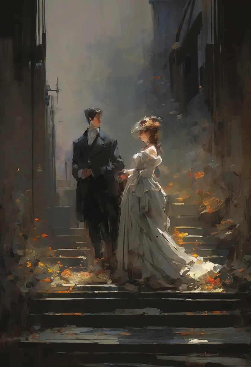 Beautiful cinematic Impressionistic painting, Dark Dramatic Character, in the style of Jeremy Mann and Charles Dana Gibson, Mark...