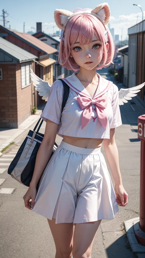 skistyle, 1girl, solo, pink hair, animal ears, blue eyes, wings, looking at viewer, bangs, short hair, bow, sailor collar, white...