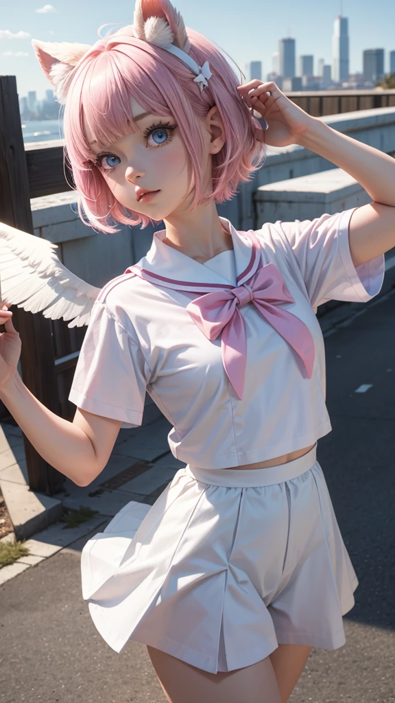 skistyle, 1girl, solo, pink hair, animal ears, blue eyes, wings, looking at viewer, bangs, short hair, bow, sailor collar, white sailor collar, hair bow, pink bow, closed mouth, shirt, white shirt, bear ears, bob cut, mini wings, portrait, detached wings, makeup, upper body, city in background, walking