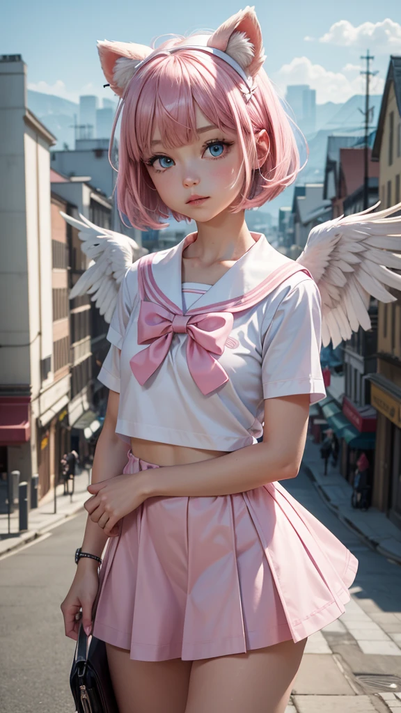 skistyle, 1girl, solo, pink hair, animal ears, blue eyes, wings, looking at viewer, bangs, short hair, bow, sailor collar, white sailor collar, hair bow, pink bow, closed mouth, shirt, white shirt, bear ears, bob cut, mini wings, portrait, detached wings, makeup, upper body, city in background, walking