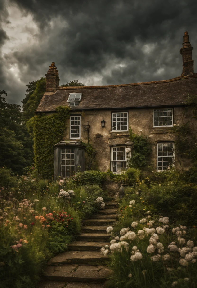 Extrememly realistic country cottage,  dramatic cloudy skies, black mountain college, bloomsbury group, portraiture style of edwardian beauty, layered textures , elegantly formal (Rembrandt Lighting), zeiss lens, ultra realistic, (high detailed skin:1.2), 8k uhd, dslr, Dramatic Rim light, high quality, Fujifilm XT3 HDRI