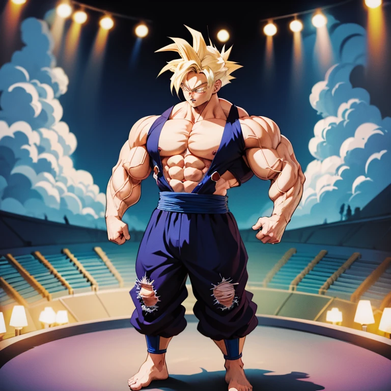 Anime-Stil , High quality full body image of Goku as a bodybuilder, ist&#39;Ich trage nur einen Tanga , ohne Schuhe, Feet, bare Feet, massive muscular body, huge muscular shoulders, Massive big biceps, defined muscular chest, Brustmuskeln, Venen im Bizeps, Muskelbeine, massive muscular abs, Bizepsflex. posierend, Sie schwitzt, very muscular, The toned body shines in the spotlight, he is standing on a stage, much muscular sexy, Bodybuilding-Pose, Rear view, The strongest 