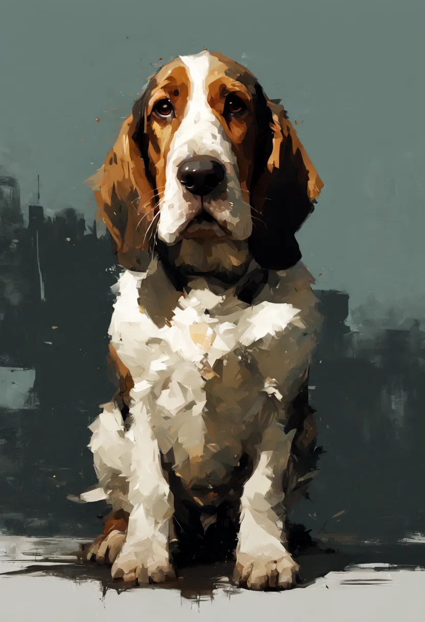 adorable bassett hound, minimalistic digital artwork with the influence luis miranda, jeremy mann, jeffrey catherine jones, conc...