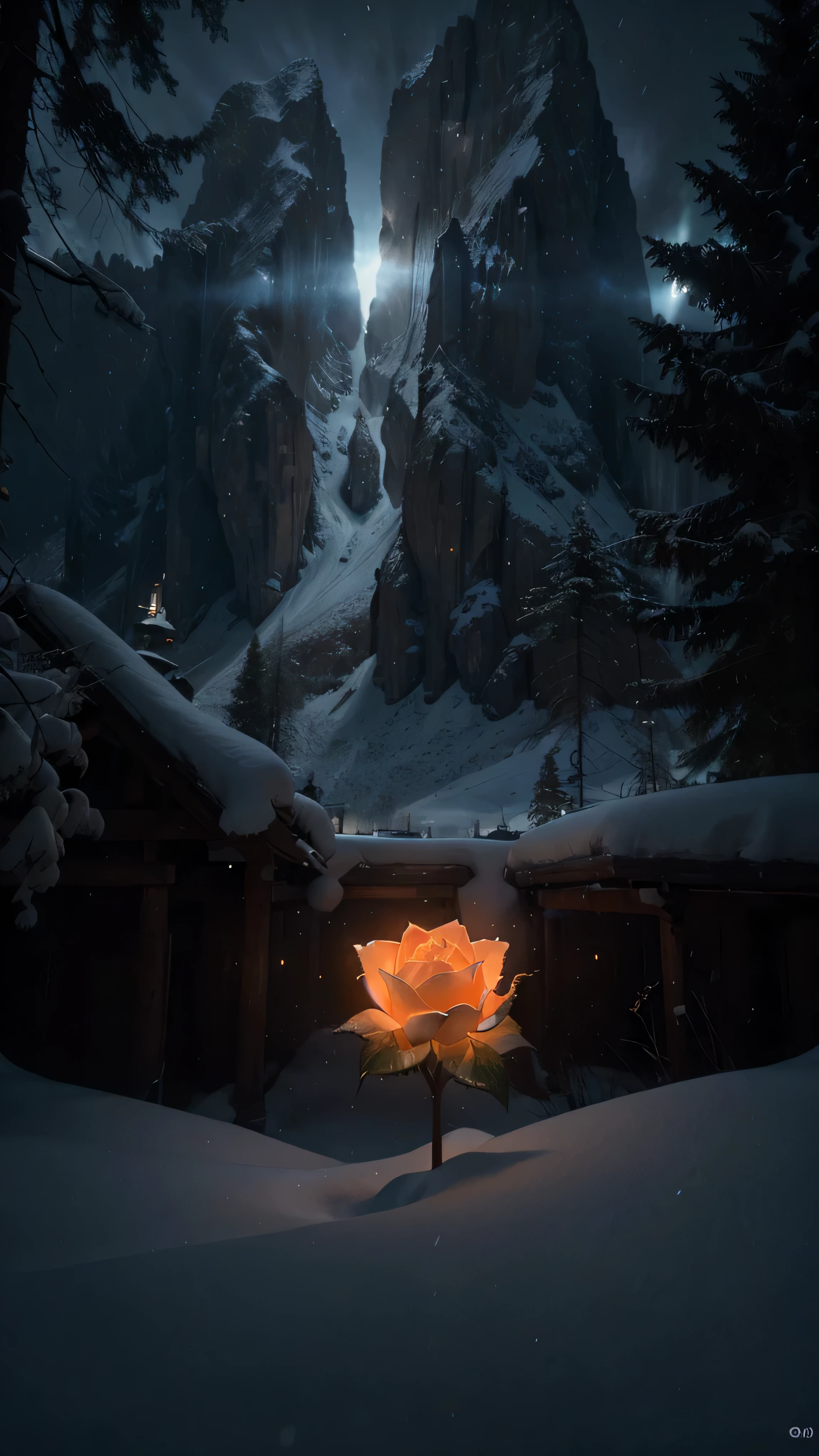 raw photo,, orange and white large transparent bioluminescent rose , white snowflakes around, snow-capped mountains and forests behind, Dark sky, nebula, galaxy, Focus, ultra-high quality, ultra-detailed Focus,, high detail, 8K, photorealistic, Dazzling, Rule of thirds, depth of field, complex parts, Conceptual art, bright colors, futuristic design, Attention to detail, grandeur and awe, A stunning visual masterpiece, hard light,