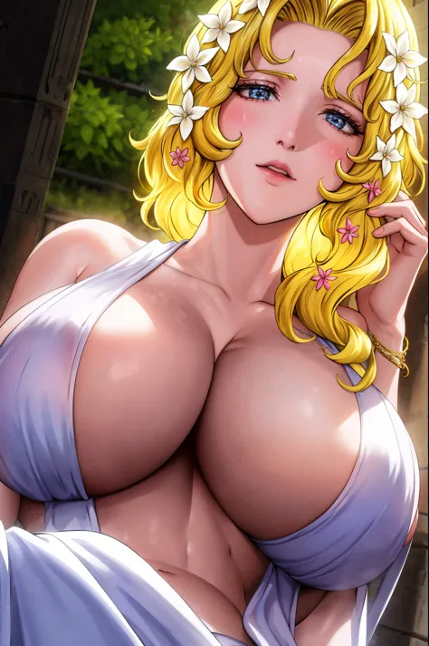 aphroditeS, 1 girl, blonde hair, blue eyes, huge breasts, traditional white greek clothing, cleavage barely covers her nipples, flower in hair, golden brand in arms, gold bracelet on one wrist, neckale, sitting on throne, close up,
masterpiece, best qualit...