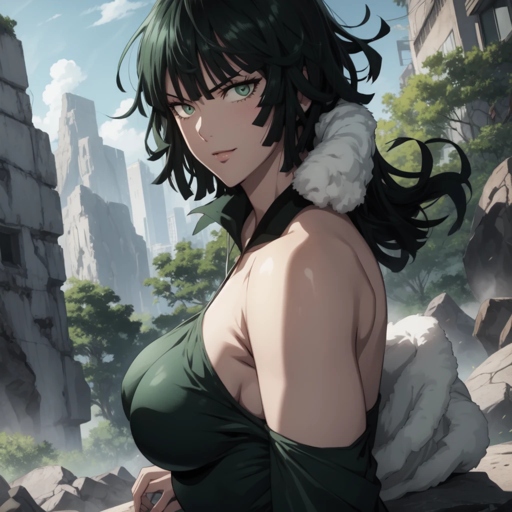 Anime art style, Fubuki from one punch man, green hair, white skin, wearing V-neck dress, sitting on destroyed rock, cinematic lights, blushing cheeks, evil smiling, detailed mid breast, big booty, NSFW, back view.