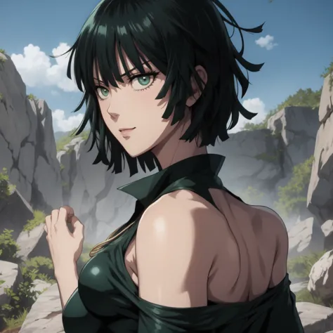 Anime art style, Fubuki from one punch man, green hair, white skin, wearing V-neck dress, sitting on destroyed rock, cinematic l...