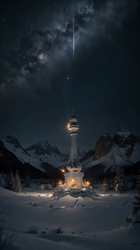 raw photo,, orange and white large transparent bioluminescent rose , white snowflakes around, snow-capped mountains and forests ...