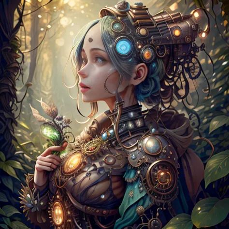 Steampunk, artificial intelligence,fantasy,natural, forest, 