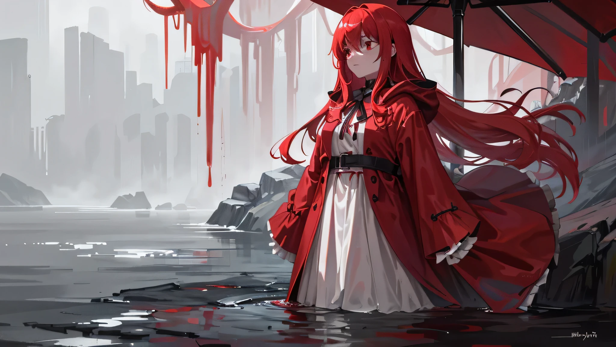 Anime girl in red cape standing in water with city in background - SeaArt AI