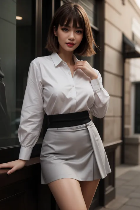 a woman in a skirt and tie holding and a white shirt and black skirt, stanley artgerm lau, , photorealism, silver hair, bangs, light grey eyes, red lips, eyeshadow, red eyeliner, light smile, masterpiece, best quality, intricate details, 