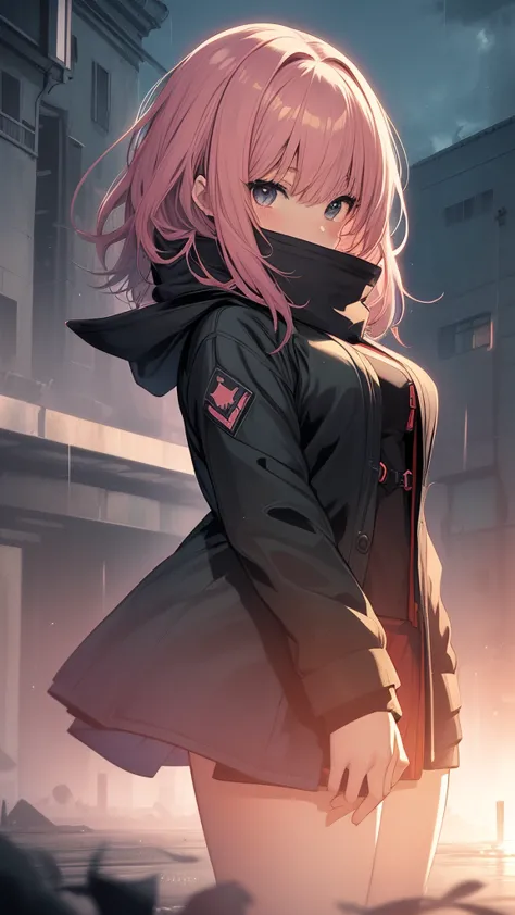 (wide angle 1.5), anime girl with a hood and covering her mouth with a scarf, rose colored hair, arcueid \(coat\), rainy atmosph...