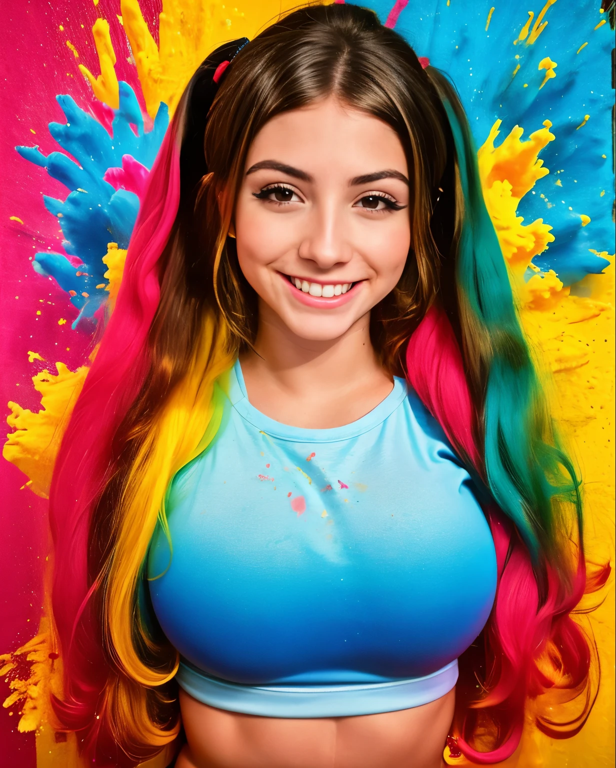 A close up of a woman with colorful hair and a blue top - SeaArt AI