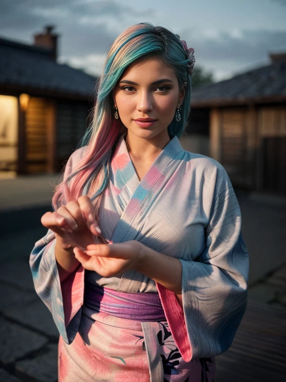 (masterpiece), (((highest quality)), (super detailed), kyl13j3nn3r, (iridescent hair, colorful hair, half blue and half pink hair: 1.2), 27 years old, (yukata: 1.2), outdoor, bangs, smile, sky blue eyes, perfect hands, perfect hands, hand details, corrected fingers. Earrings, Night Store + Background, looking_at_viewer, Cowboy Shot, Top Quality, Rich Detail, Perfect Image Quality,