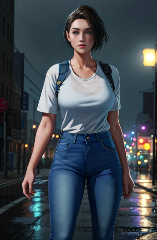 1girl, denim shots by zotovalentine, white shirt, jeans, sporty, urban, night, neon, rain, volumetric lighting, best quality, masterpiece, intricate details, tone mapping, clear focus, ultra detail, trends on Artstation, realistic,