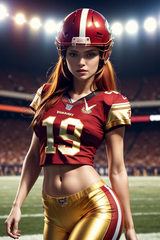 fotorealistisches Bild ((Meisterwerk)), ((gute Qualität)) UHD 8K, einer fNFL-Frau, (mittlere Brust), (dünne Taille), Tragen (sexy Fußballuniform, NFL. Rot und Gold), (NFL-Helm), strahlend blaue Augen, lange rote Haare, auf einem Fußballfeld spielen