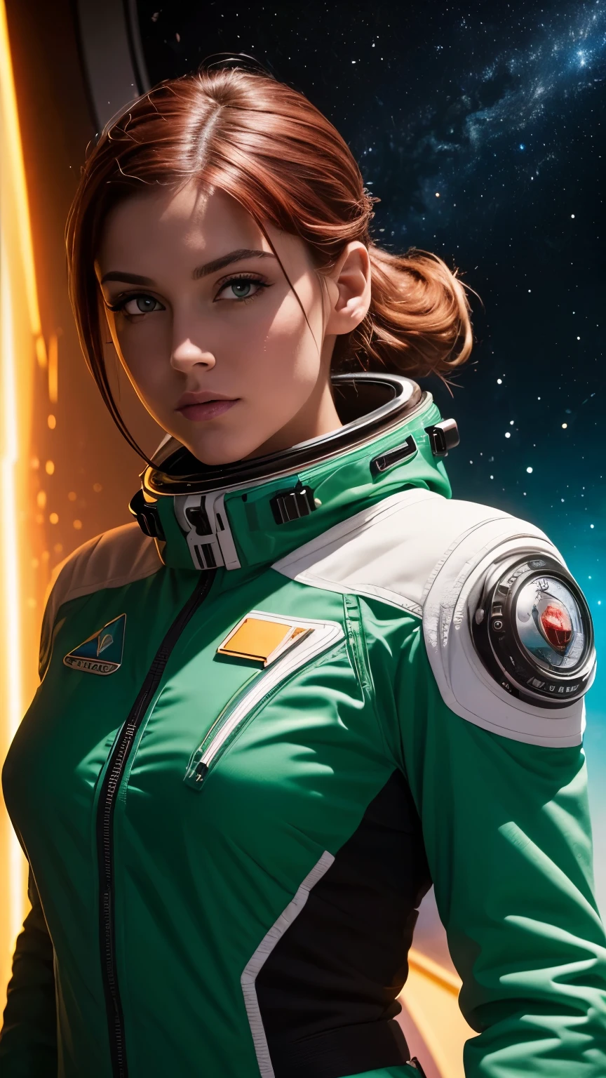 (masterpiece, top quality, Best quality, extremely detailed, as detailed as possible, Official art, beautiful and aesthetically pleasing:1.2), Colorful, retrofuturism, Beautiful face, perfect body, 1 girl, in space, short red hair, ponytail (hairstyle), green eyes, Green space suit, Sun rays, in room, porthole, illuminator, stars, high contrast, overexposure, abstract, negative space,