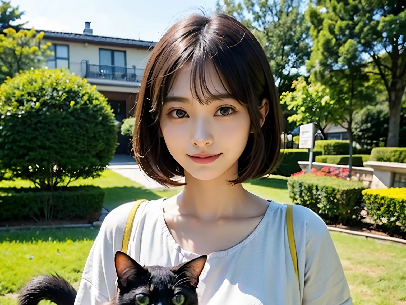 Un rostro como el de Suzu Hirose、mirando al espectador、sonriente、chica de 16 años、bulto en el pecho、peinado bob、Máxima calidad de imagen、8k、Hay un gato、